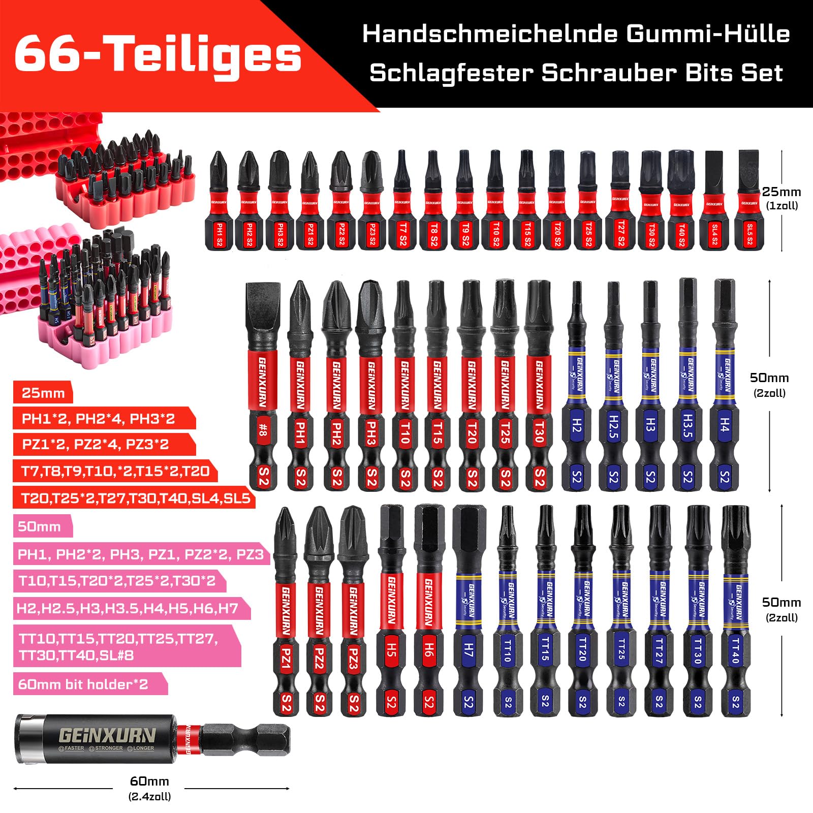 GEINXURN 66 parçalı tornavida ucu seti (PH, PZ, Tx, Hex, SL) 25/50