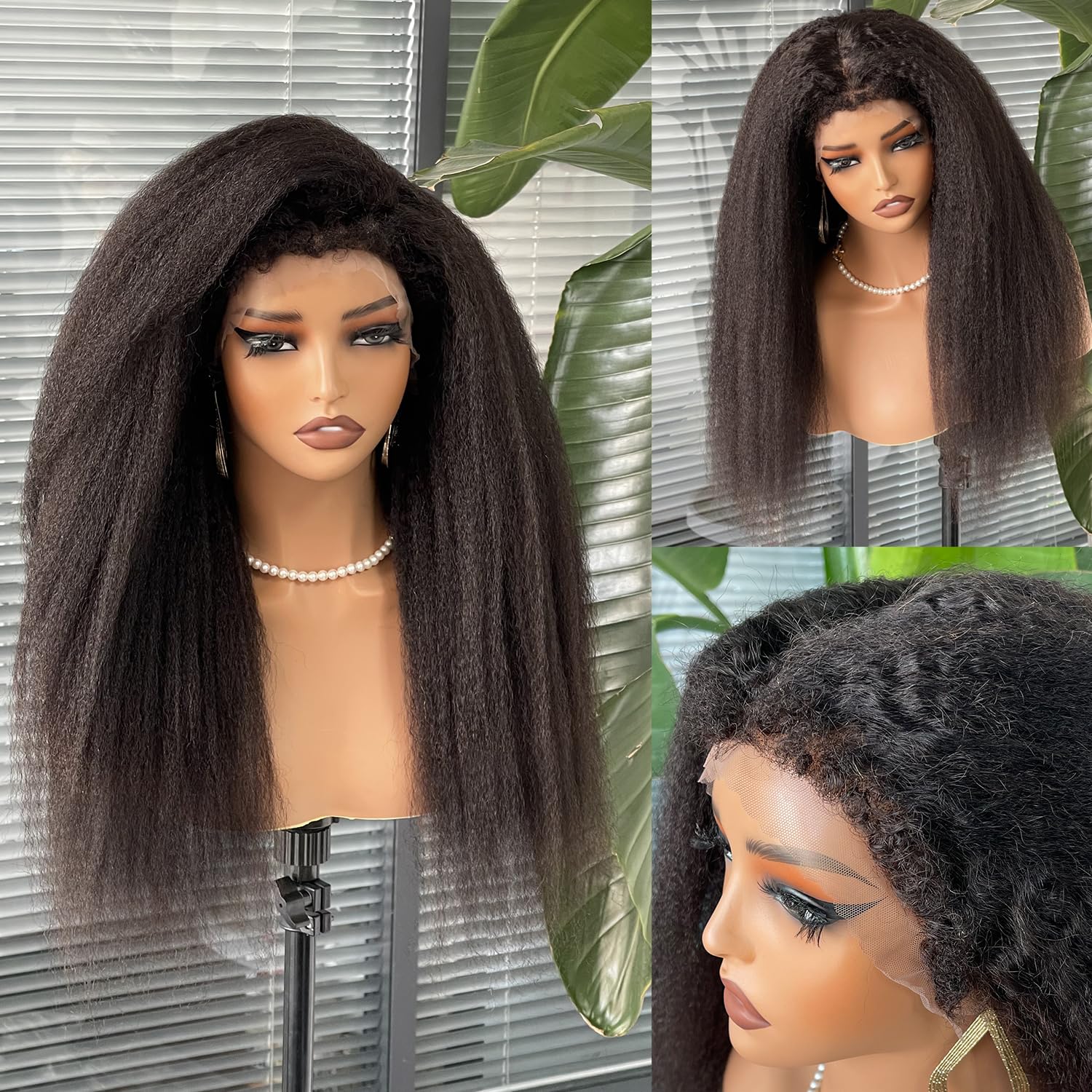 200% Density 4C Edges Kinky Straight Wig Human Hair 13x6 UHD Lace Frontal Wigs Pre-Cut Pre-Plucked 200% Density Yaki Straight Human Hair Wig Black