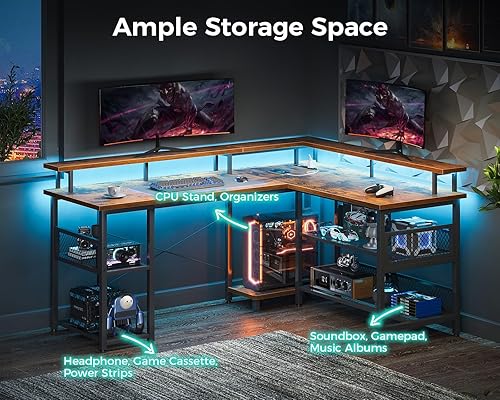 Miniatura 25 de ODK Escritorio para juegos en forma de L de 66 pulgadas con toma de corriente y luces LED, mesa de juegos de PC con textura de fibra de carbono,