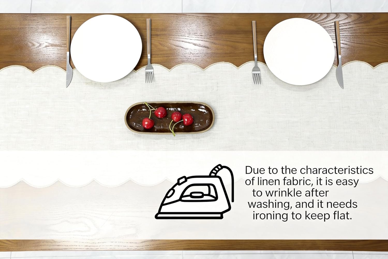 100% Natural Linen Rustic Scalloped Embroidery Table Runner 90 Inches Long, Linen Table Runner 14 x 90 Inch for Dresser and Dining Tables Decor, 6-8 Sets, 14''x90'' Linen(Edges-Gold)