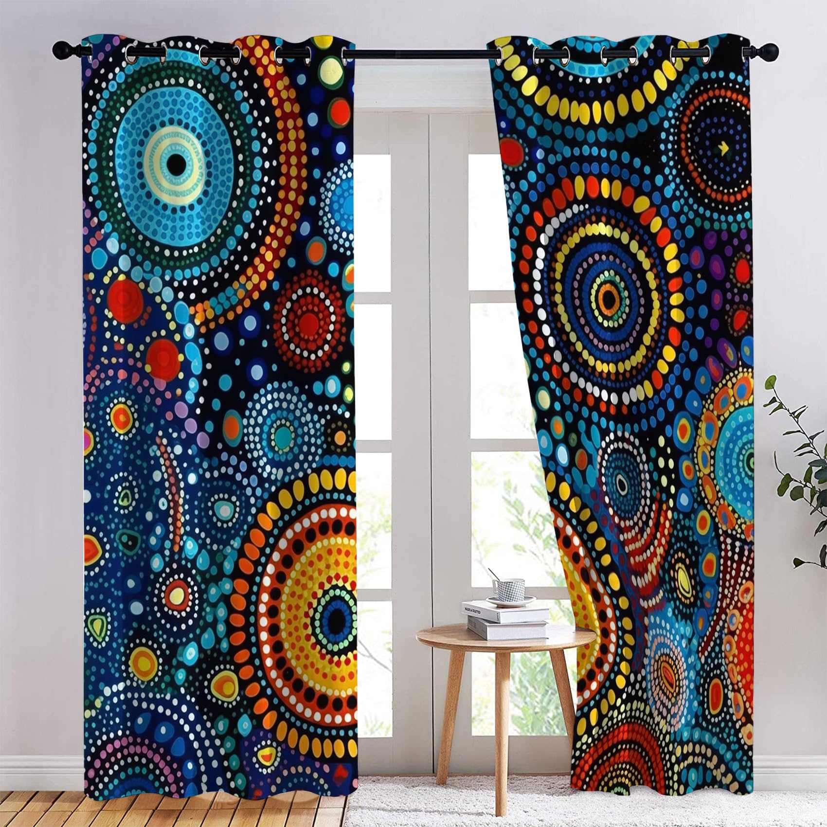 Buntes Boho Vorhänge, Retro Bohemien Verdunklungsvorhänge mit Ösen, Vorhang Blickdicht für Wohnzimmer Schlafzimmer Dekoration, Gardinen mit Muster, 2er Set, 137 x 117 cm (HöhexBreite)
