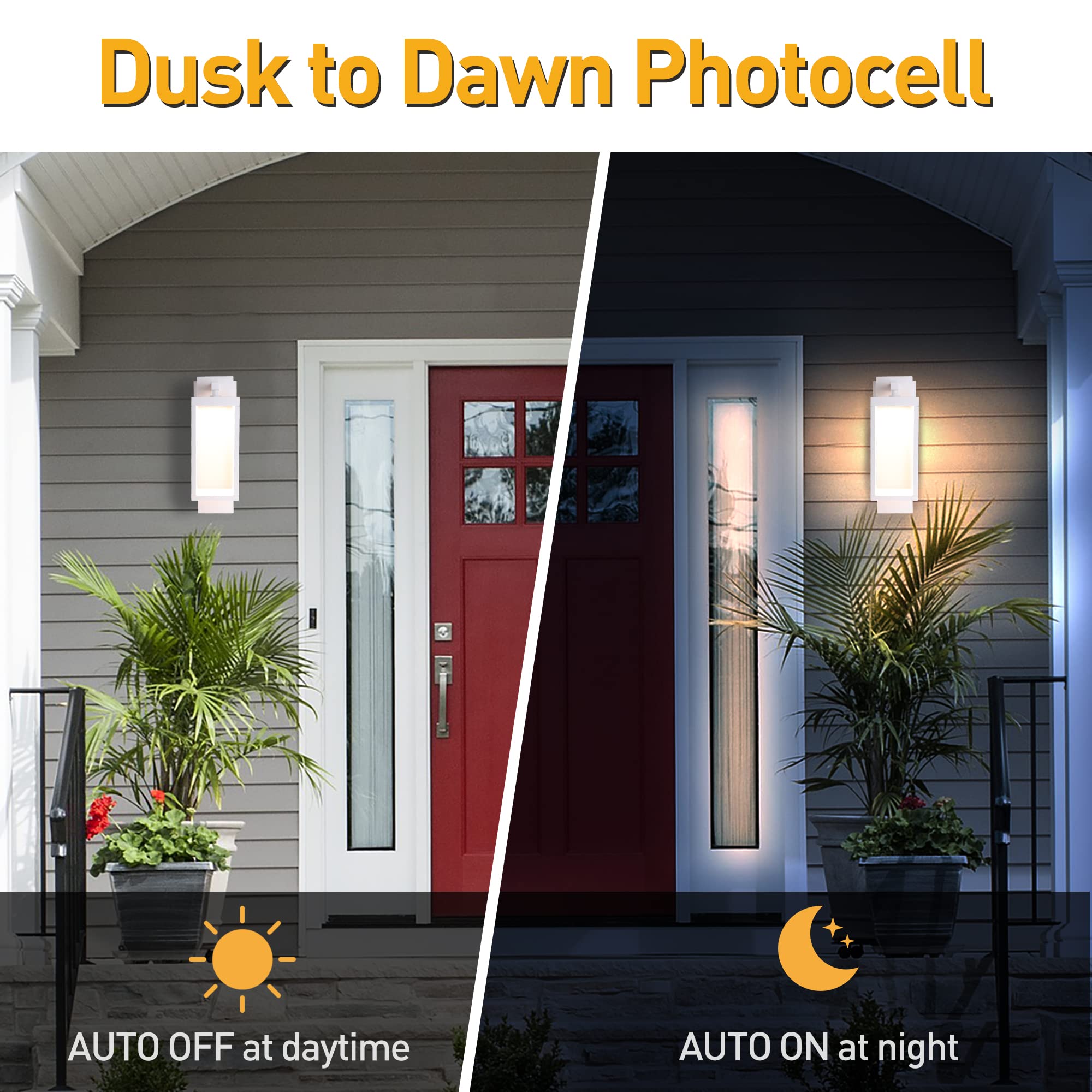 Inowel Dusk to Dawn Outdoor Wall Light White LED Exterior Light Fixture for House,15in Porch Light Outdoor Wall Mount Sconce with Clear Glass for Garage Front Door Garden Patio,13W 800LM