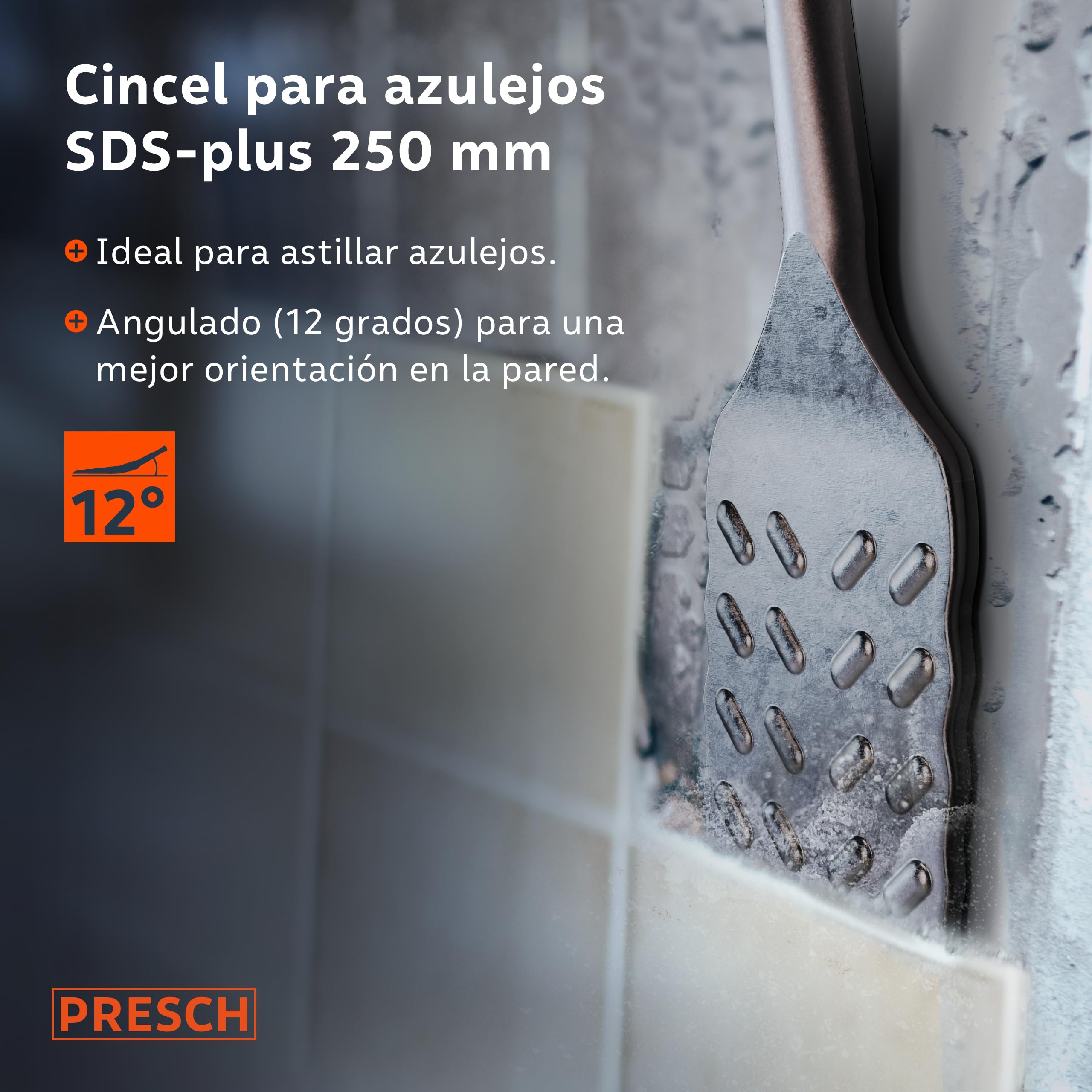 PRESCH SDS plus Cincel Azulejos - Extra largo (250mm) - Bord de corte extremadamente duradero (50mm ancho) - Acodado para facilitar la extracción de azulejos - Acero de alto rendimiento