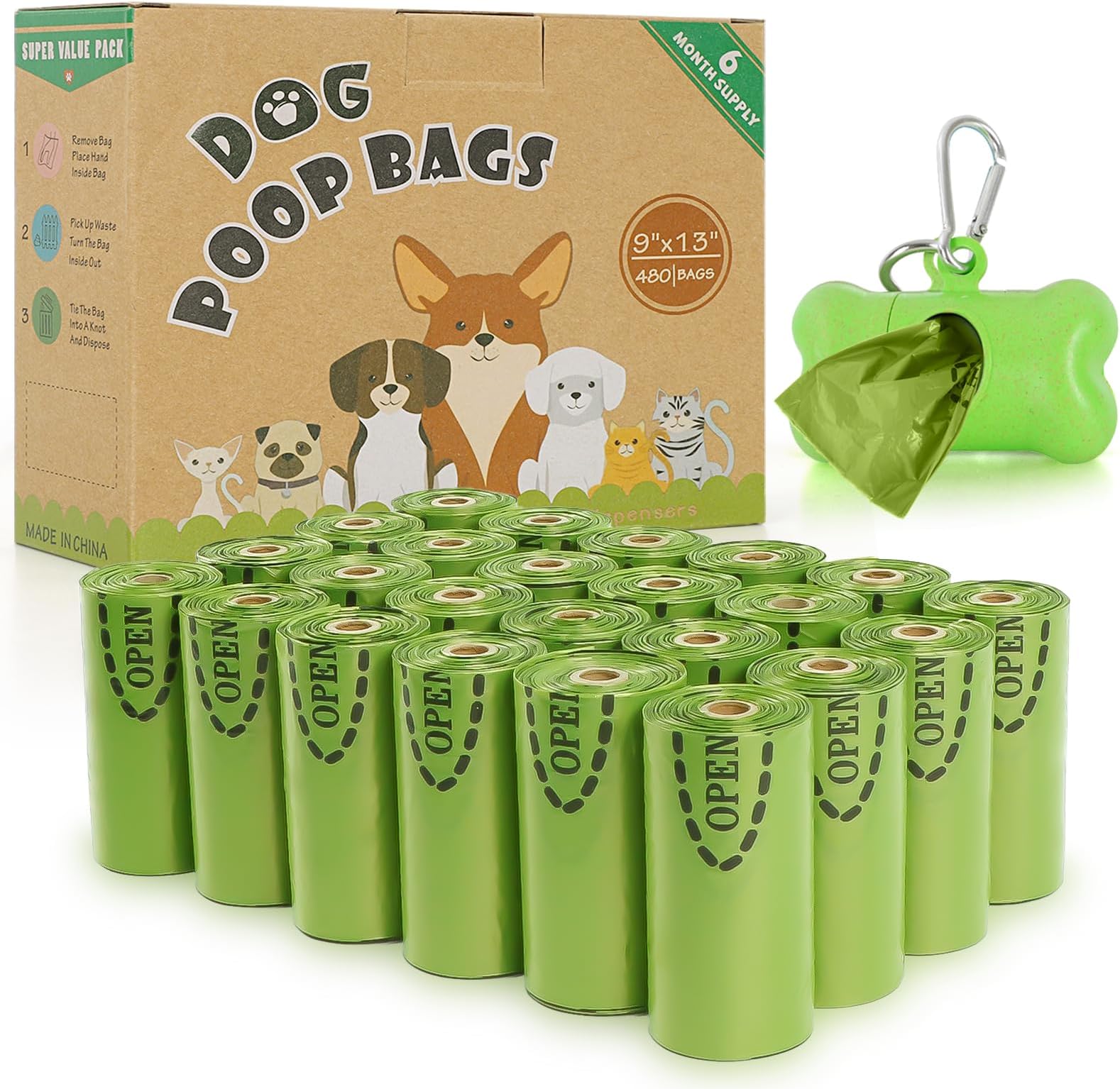 Dog Poo Bags 480 Counts 24 Refill Rolls Biodegradable Poop Waste Bag for Dogs with 1 Dispenser