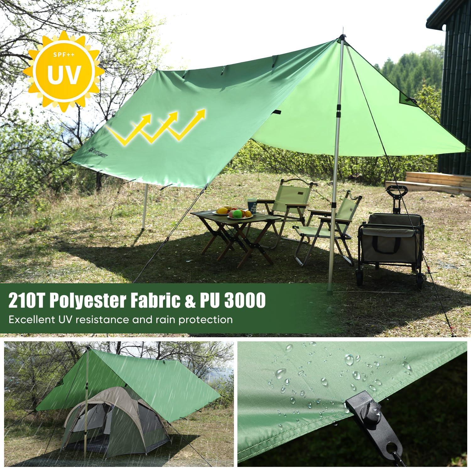 Lona impermeable 3 x 3, lona ultraligera, lona de camping con 19 ojales, pasadores de aluminio, cuerdas de nailon, clips para tiendas de campaña, anti UV, nieve y lluvia, para camping