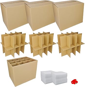 3 Sets Moving Boxes with Divider Kits,16 x 12 x 13 Inch Glassware Dish Packing Box Kitchen Moving Box Corrugate Dividers with 72 Pcs Foam Pouches,1 Pcs tape rolls with dispenserTwo Layer