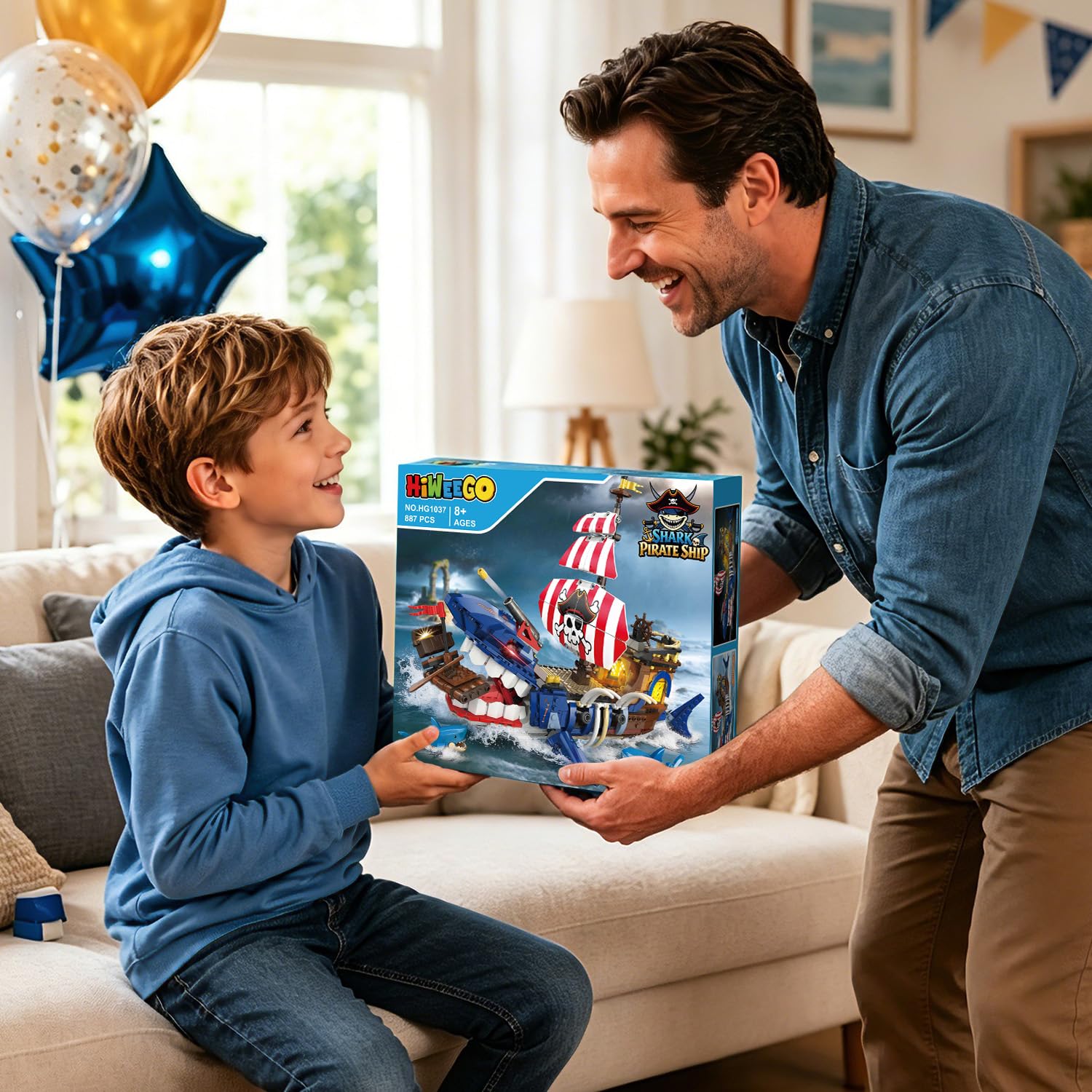 HiWEEGO Technik - Kit di costruzione a forma di nave pirata con luce LED, per bambini di 8 anni | 887 pezzi, oceano mobile, avventura, barca dei pirati, set di giocattoli con squalo, regalo per bambini da 8 a 12 anni in su