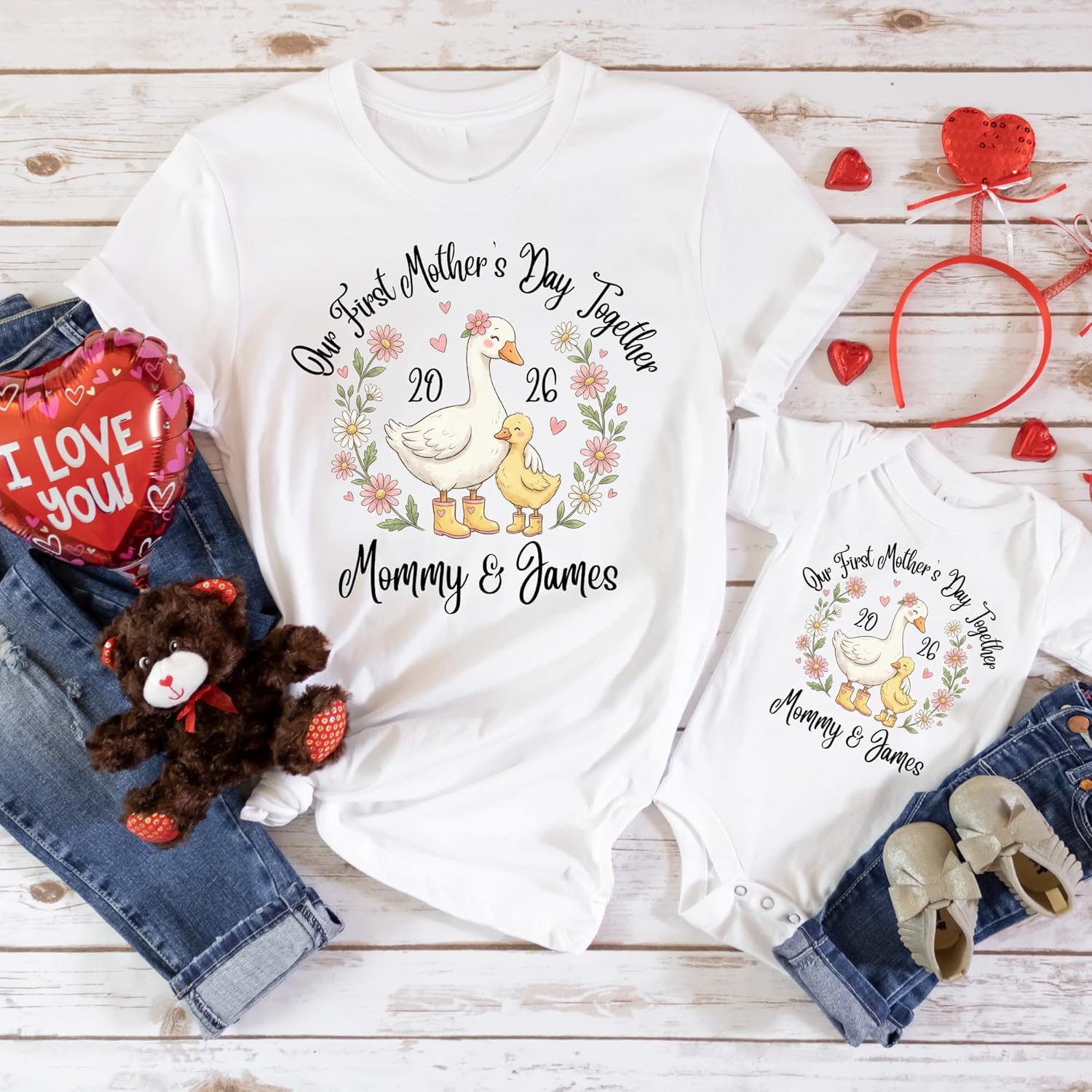 Personalized Our First Mother’s Day Shirts Set 2026, Custom Mommy and Baby Matching Outfits, Cute Goose Design New Mom Gift