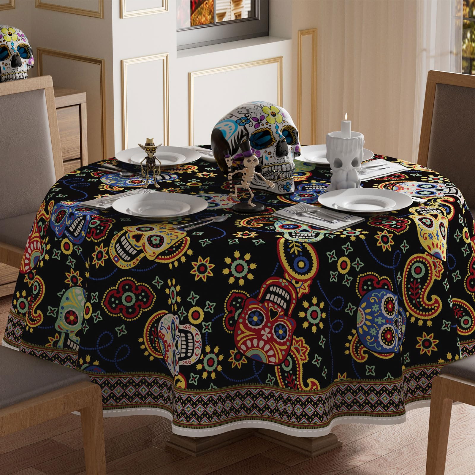 XCHI Colorful Sugar Skull Flowers Paisley Dia De Los Muertos Tablecloth — Round Washable Day of The Dead Mexican Table Cover for Indoor/Outdoor Dining Home Party Decorations (70x70 Inches)
