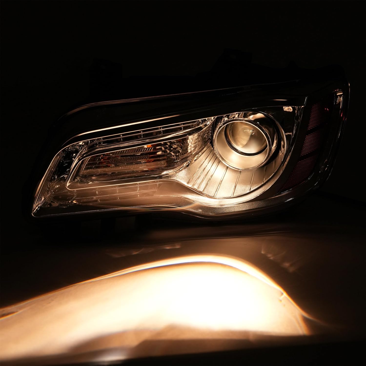 kuafu halogen headlight assembly compatible with 2011-2023 chrysler 300 drl chrome housing & amber reflector left driver side (bulbs are included) clear lens chrome housing driver side
