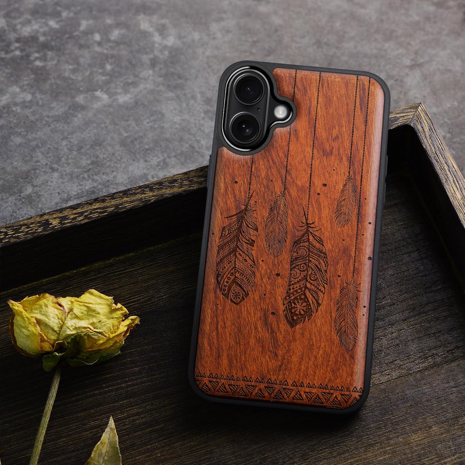 Carveit Magnetic Wooden Case for iPhone 16 Case, Wood Artisan Engraved & Black Soft TPU Shockproof Cover, Compatible with MagSafe Wireless Chargers (Feathered Tapestry) Rosy