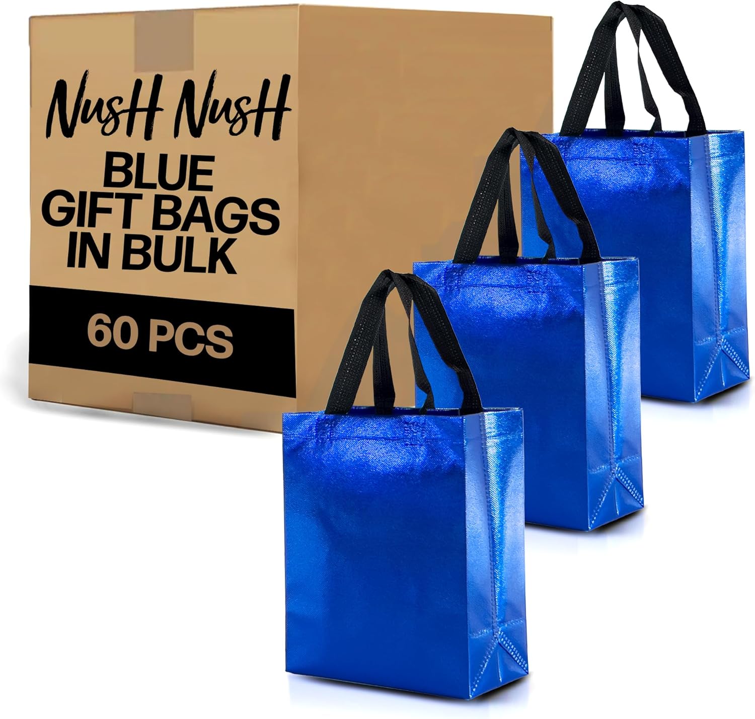 Nush Nush Set of 60 Shiny Blue Gift Bags, Reusable With Black Handles, Medium Size, Perfect As Goodie/Birthday Gift Bags, Party Favor Bags, 8Wx4Dx10H Size Blue - Medium Size 1 Count (Pack of 60)