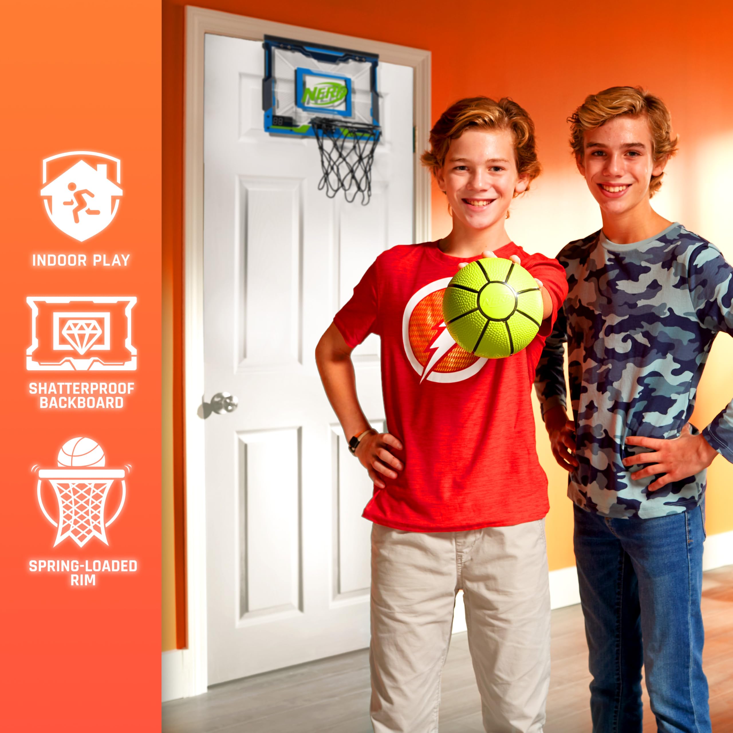 NERF Pro Hoop Set de Baloncesto con minicanasta LED de Puerta y minibalón, para Mates, Canasta de Baloncesto Infantil iluminada, para Dormitorio e Interiores, electrónica