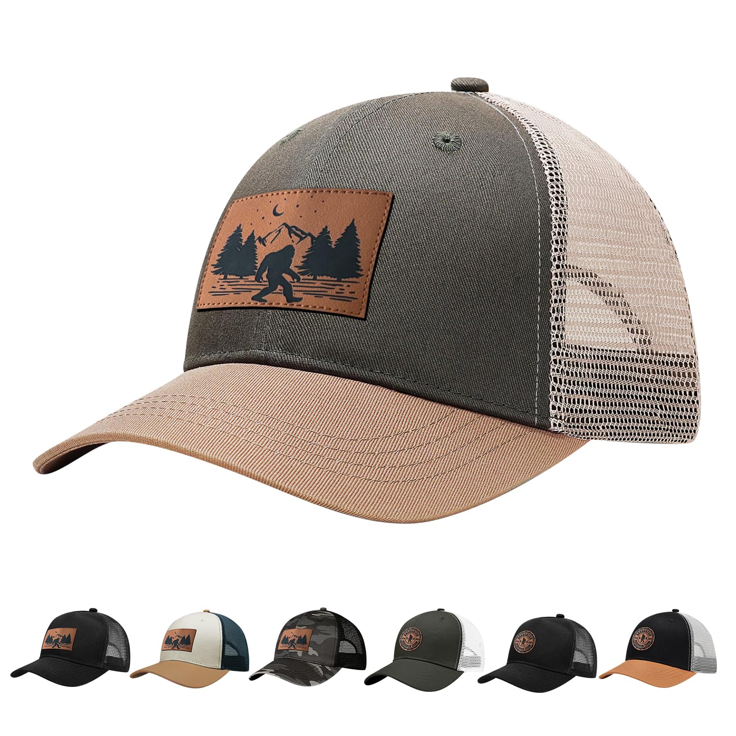 Llztwowd Men's Gray Green Bigfoot Hat With Leather Sasquatch Baseball Cap For Boy Gifts For Dad Hats Sports Trucker Caps, One Size