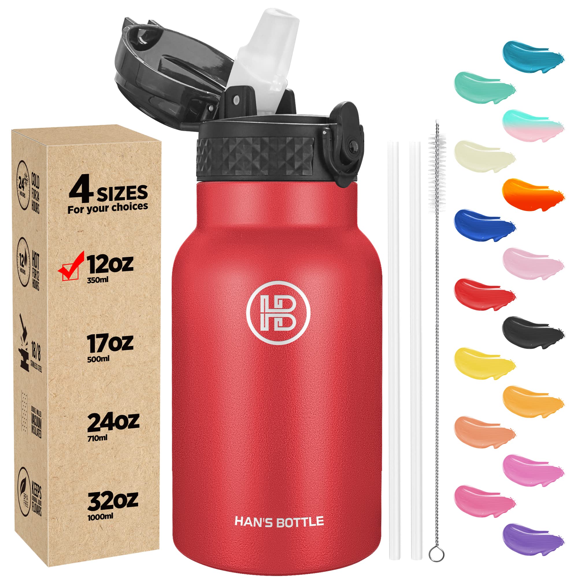 Han's Bottle Kids Water Bottle with Straw Lid - Insulated Stainless Steel Reusable Tumbler for Girls,Boys,Thermo Mug,12oz,Red