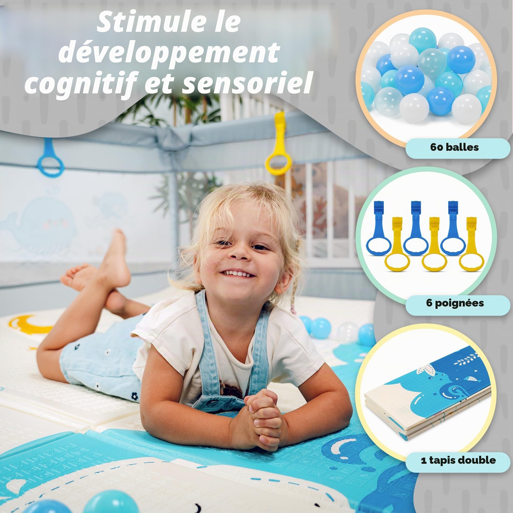Parc pour bébé 150 x 180 cm + tapis pour bébé + 60 balles + poignées + sacs de transport – Parc de jeux pour bébé avec maille respirante – Playpen Bebe (150 x 180 cm)