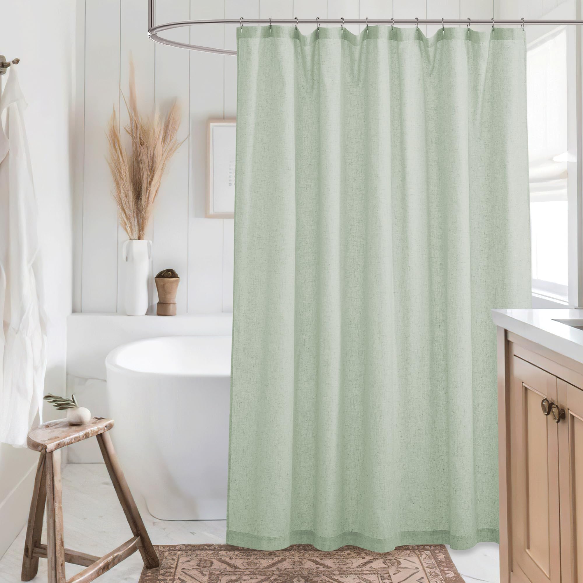 KGORGE Leinen-Duschvorhang, halbtransparent, leicht, Knopfloch, halbsichtbar, schnell trocknend, Duschvorhänge für Badezimmer, Badewanne, Dekoration, graugrün, 183 x 213 cm lang, Haken im Lieferumfang