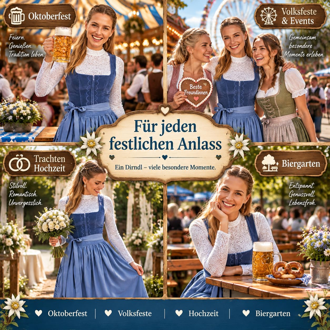 Generisch Dirndl Damen – Trachtenkleid für Oktoberfest mit Schürze, Wiesn Outfit,ohne Bluse