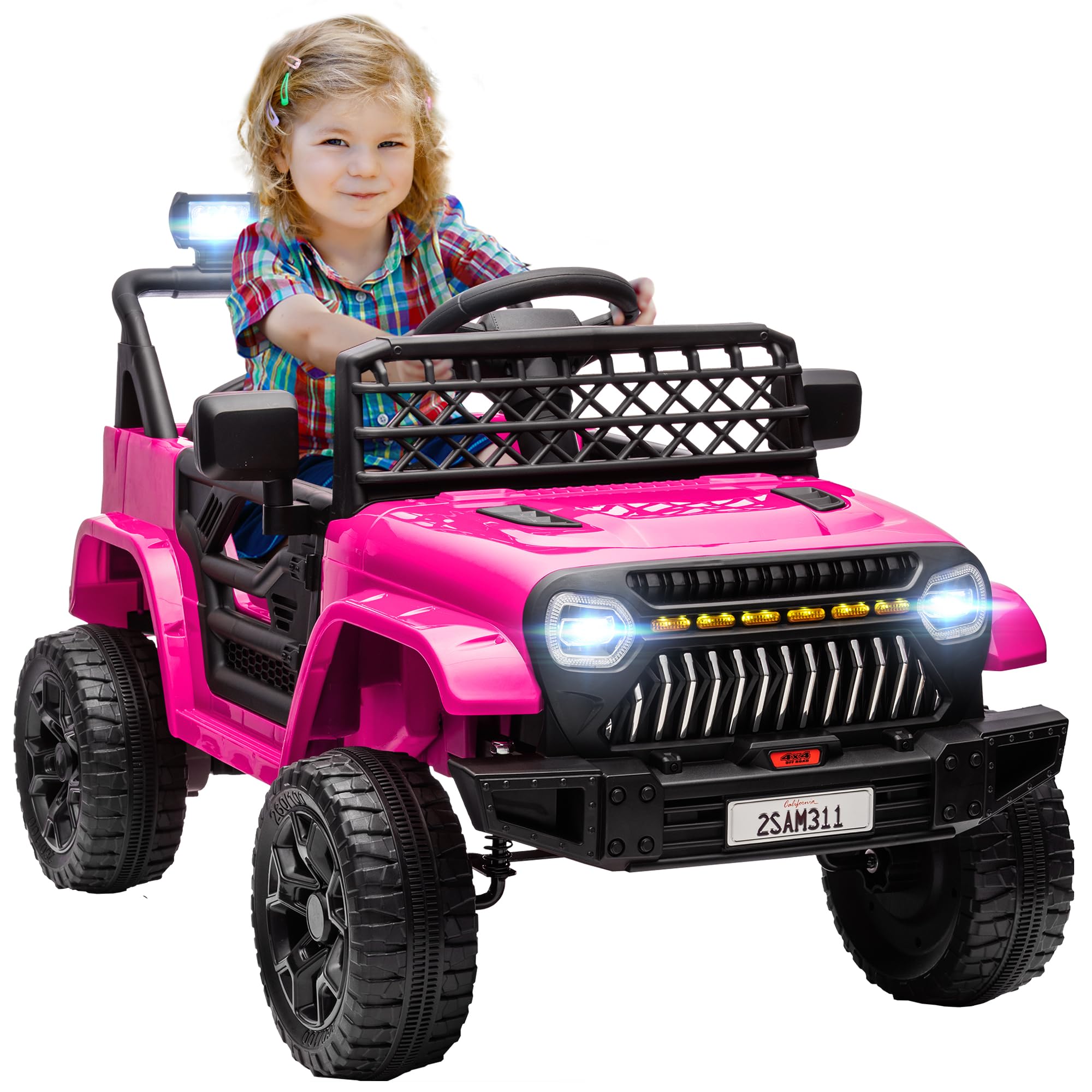 Qaba12V Ride On Truck, Battery Powered Kids Electric Car with 4 Suspension Wheels, Remote Control, 3 Speeds, LED Headlights, Horn, USB Music, Pink
