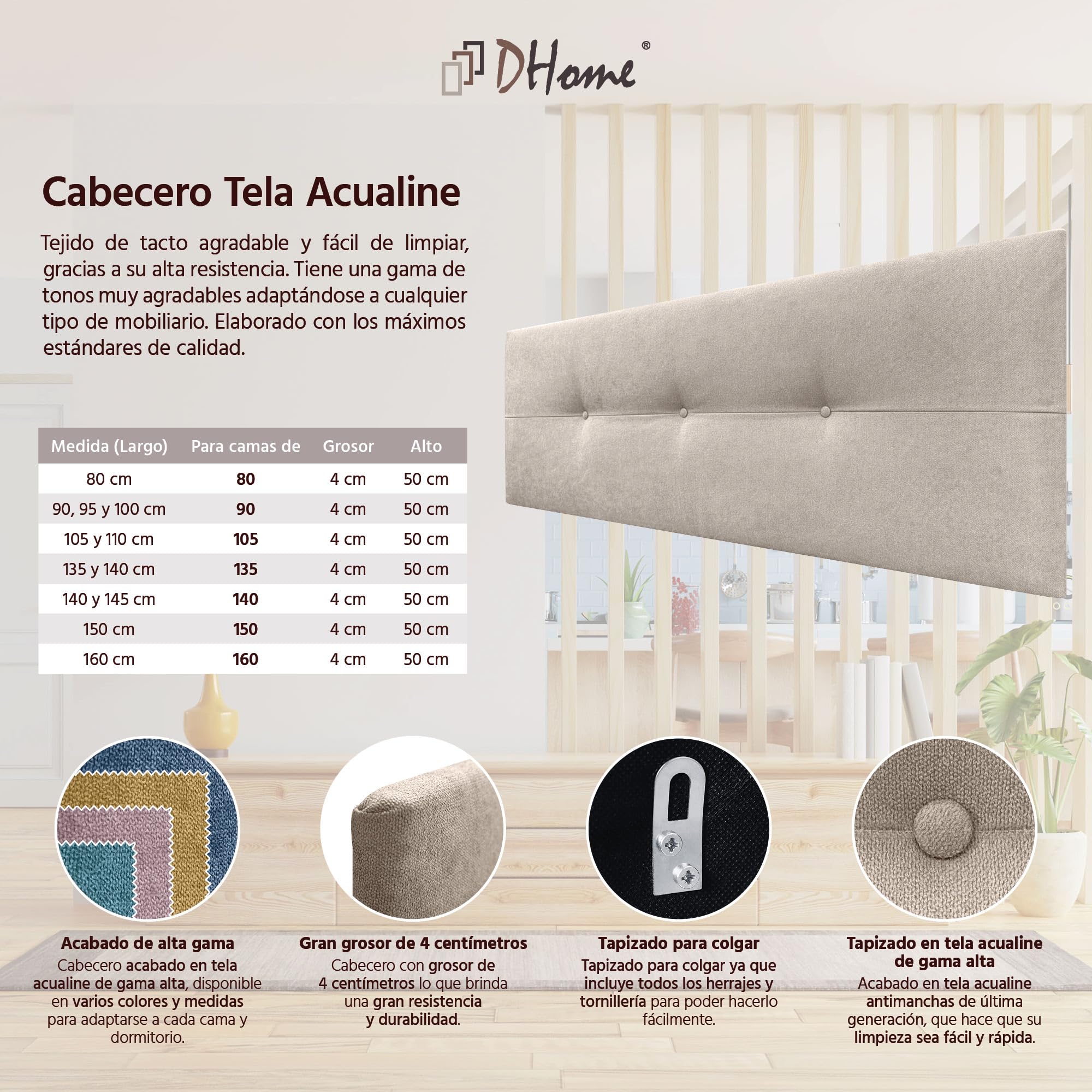 DHOME Cabecero de Polipiel o Tela AQUALINE Pro cabeceros Cabezal tapizado Cama Lujo (Tela Beige, 135cm (Camas 120/135/140))
