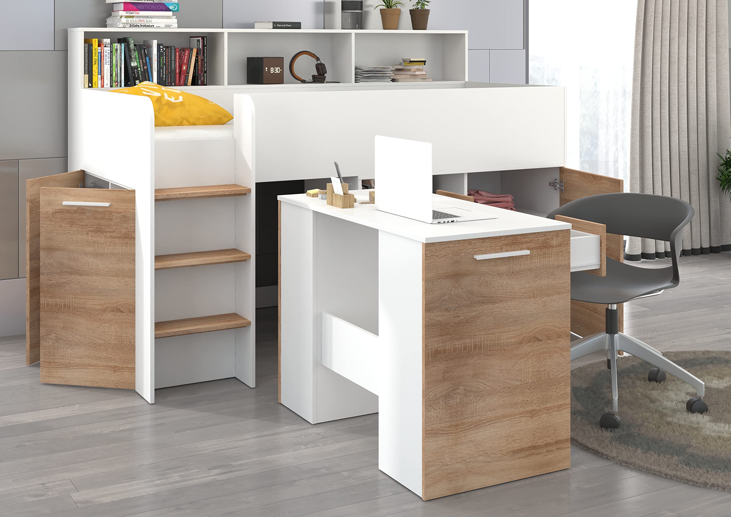 BIM Furniture Lit superposé NEO L pour enfant, ensemble de meubles pour chambre d'enfant, 1 lit avec bureau, étagères, tiroirs: côté gauche