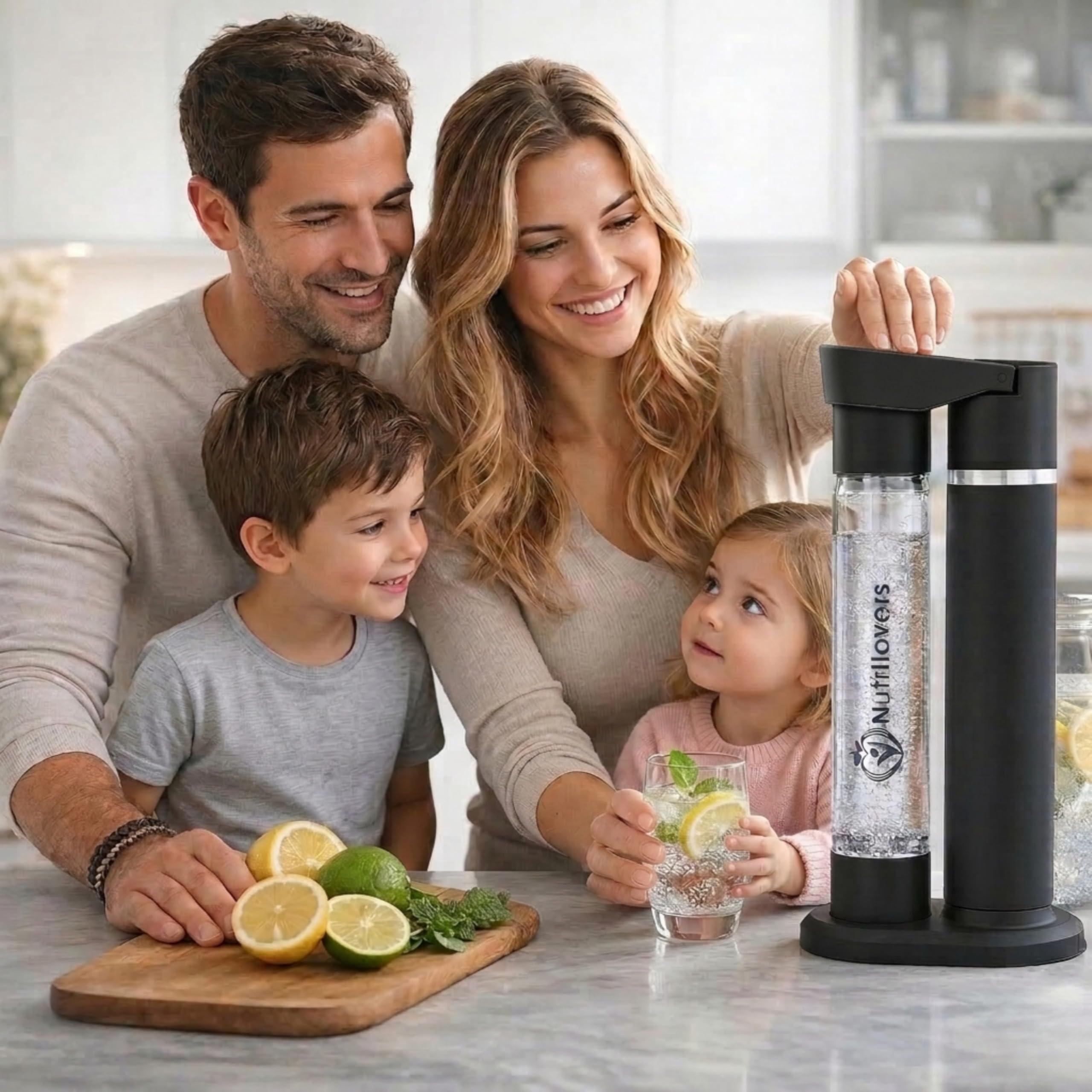 Nutrilovers® NUTRI-STREAM Wassersprudler Edelstahl mit schwarzem Finish, Designer PET-Flasche (38 CM hoch), 100% BPA-frei, Soda Maker 100% kompatibel mit allen 60L CO2-Zylindern, patentiertes System