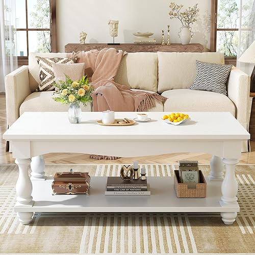 Miniatura 3 de Mesa de centro de granja con almacenamiento, mesas de centro de mediados de siglo para sala de estar, mesa de centro blanca moderna de 2 niveles de