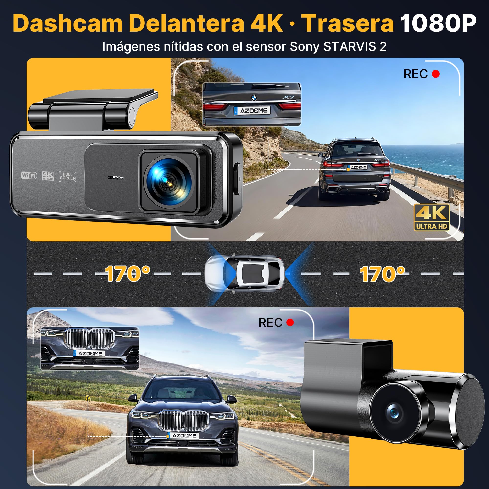 Dashcam Coche Delantera Trasera 4K+1080P, Cámara de Salpicadero 3.19 Pulgadas IPS, Tarjeta SD 64GB, Sensor G 170° Gran Angular, WiFi, Visión Nocturna, Estacionamiento 24H, Grabación en Bucle