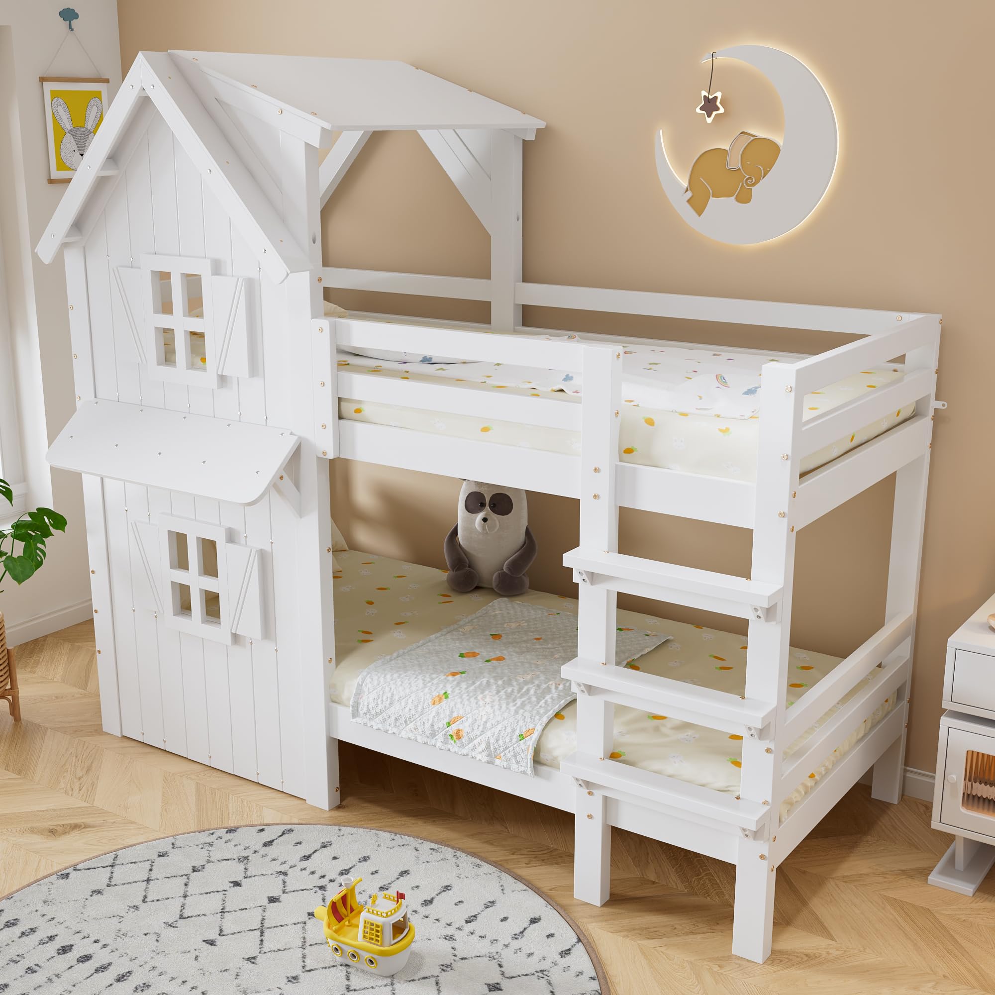 Cama Infantil 90x200 cm, Cama Alta con Ventanas y Techo, Litera Doble Matrimonio con Escalera, Cama Altillo para 2 Niños con Protección Anticaída y Somier de Láminas, Blanca, Sin Colchón