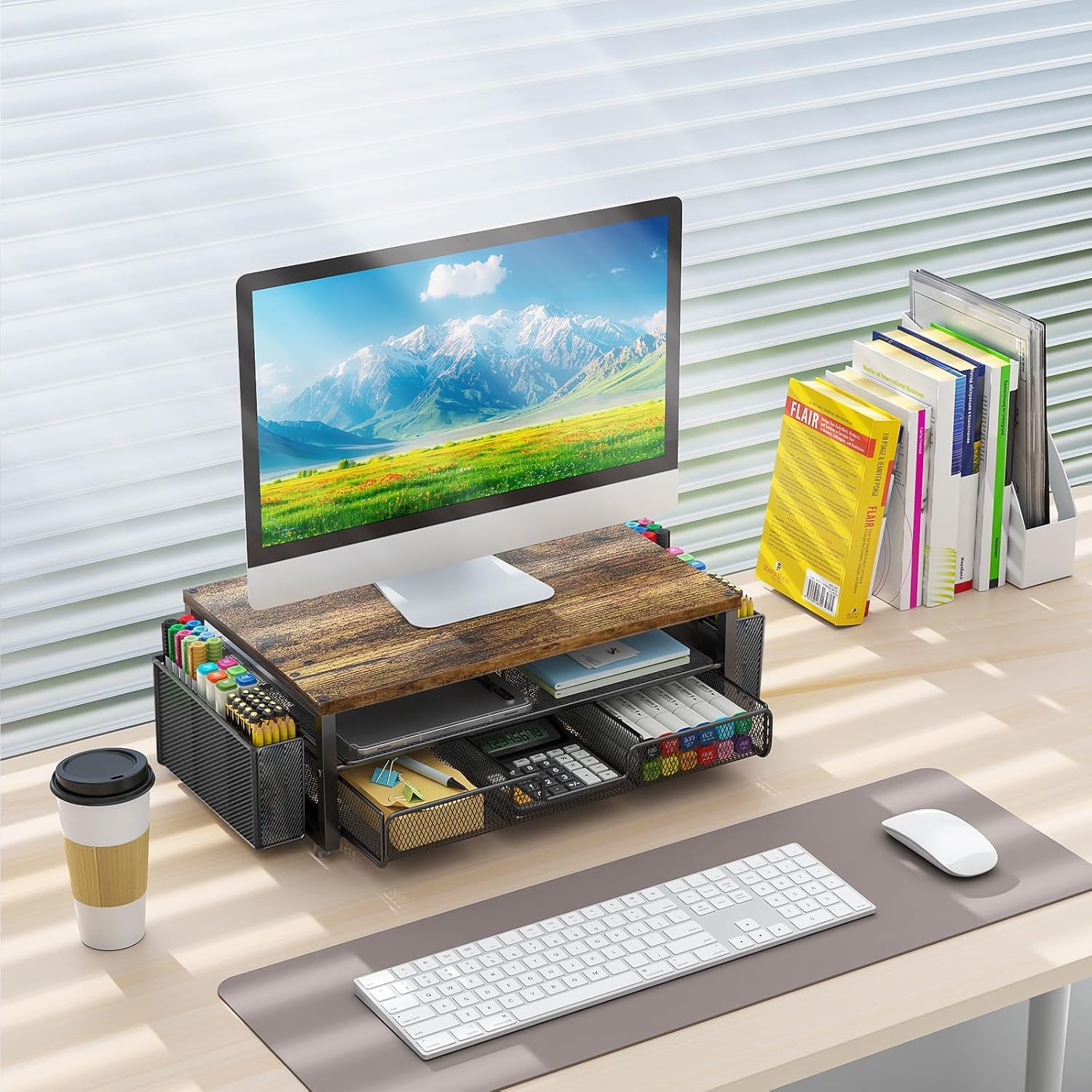 MAKUANG Organizador De Escritorio Elevador De Monitor, Soporte De Madera Para Portátil De 2 Niveles Con Cajones, Organizador De Almacenamiento De Escritorio Ajustable Para Computadora, Impresora, Uso