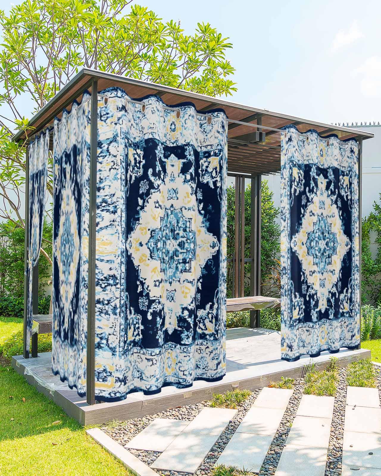 Boho Outdoor Curtains for Patio Waterproof, Vintage Ethnic Privacy Sunlight Blocking Outside Curtain, Tribes Modern Blue Middle Century Top Bottom