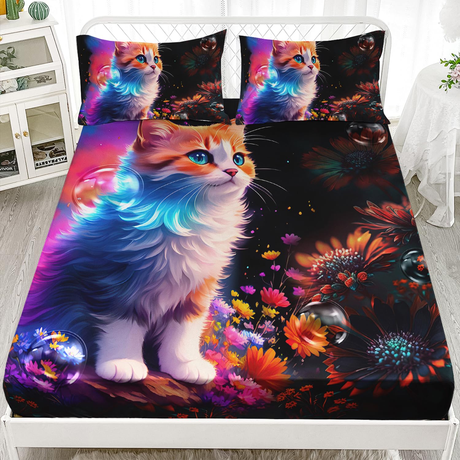 XYNHML Kawaii Cat Bedding Set Queen - 4Pcs Black White Cat Heart Pattern Sheets (1 Flat, 1 Fitted, 2 Pillowcases)