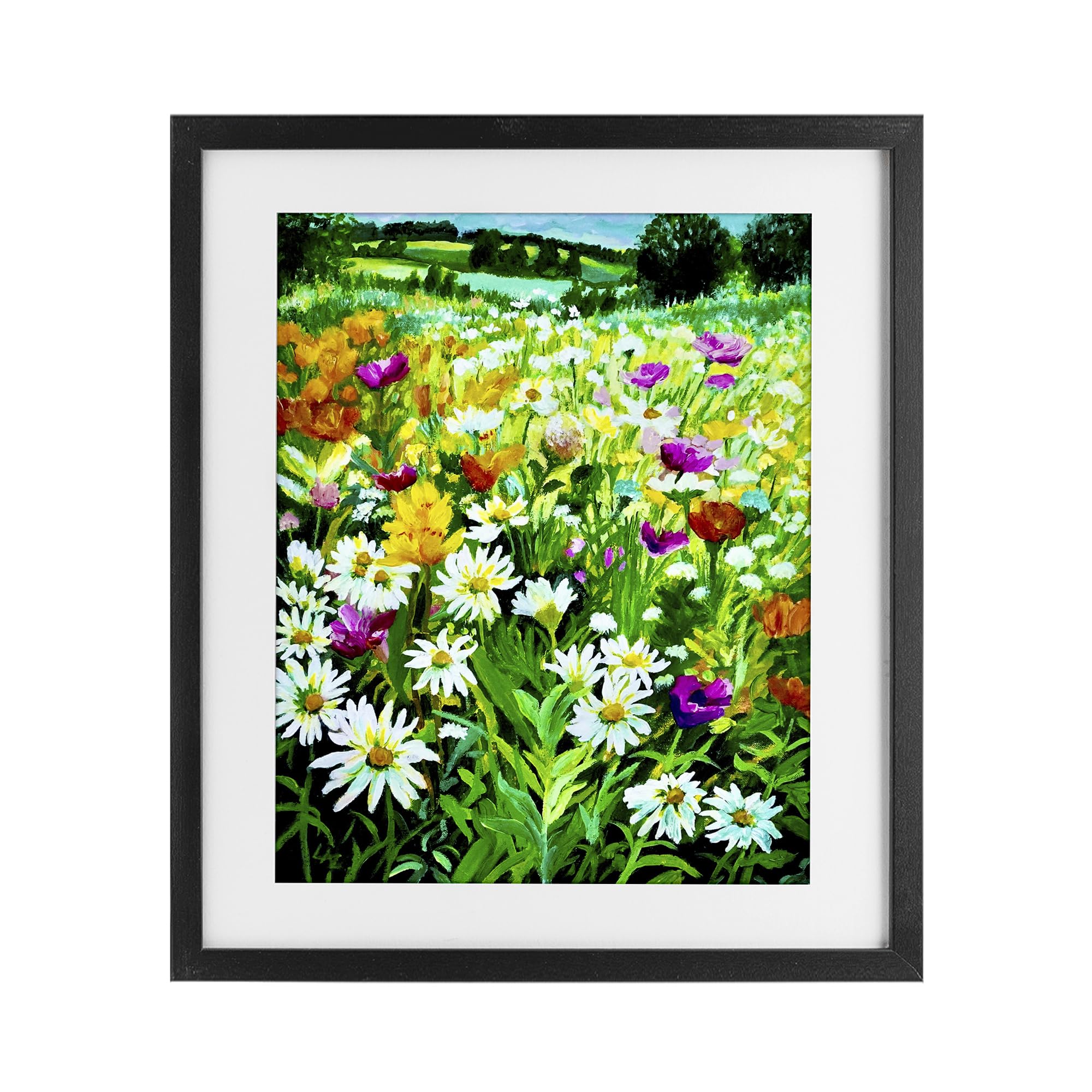 Stupell Industries Midnight Black (Textured) Hillside Meadow Floral Landscape, 17 X 21 Inch Framed Print Under Glass