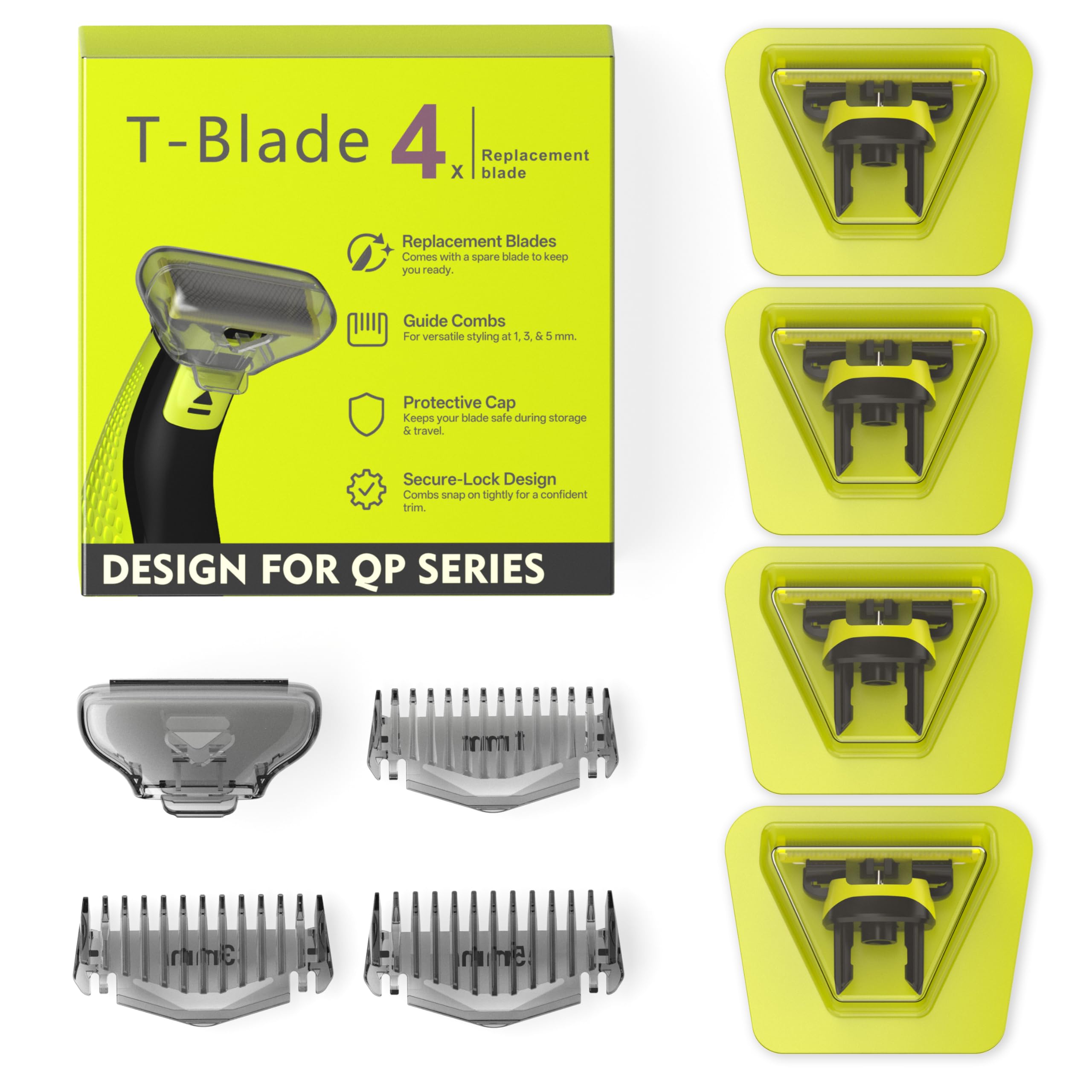 4-Pack Replacement Heads and 3 Guide Combs Guards Kit Compatible with QP seires 25/26/27/28/45/65