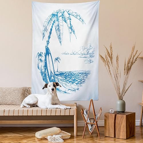 Miniatura 2 de Ambesonne Tapiz de surf, ilustración contemporánea de boceto hawaiano, playa, tabla de surf, palmeras, agua del océano, decoración de tela para