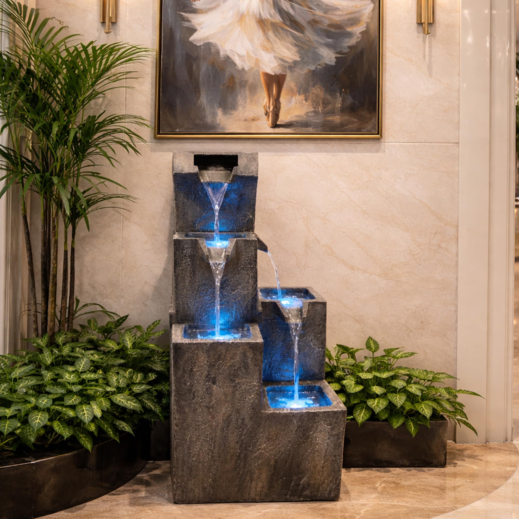 Köhko Gartenbrunnen „Ballerina“ mit 4 LEDs, 4-stufiger Wasserfall Brunnen für Garten und Terrasse, Modernes Wasserspiel Springbrunnen für Balkon, Hof und Garten Deko
