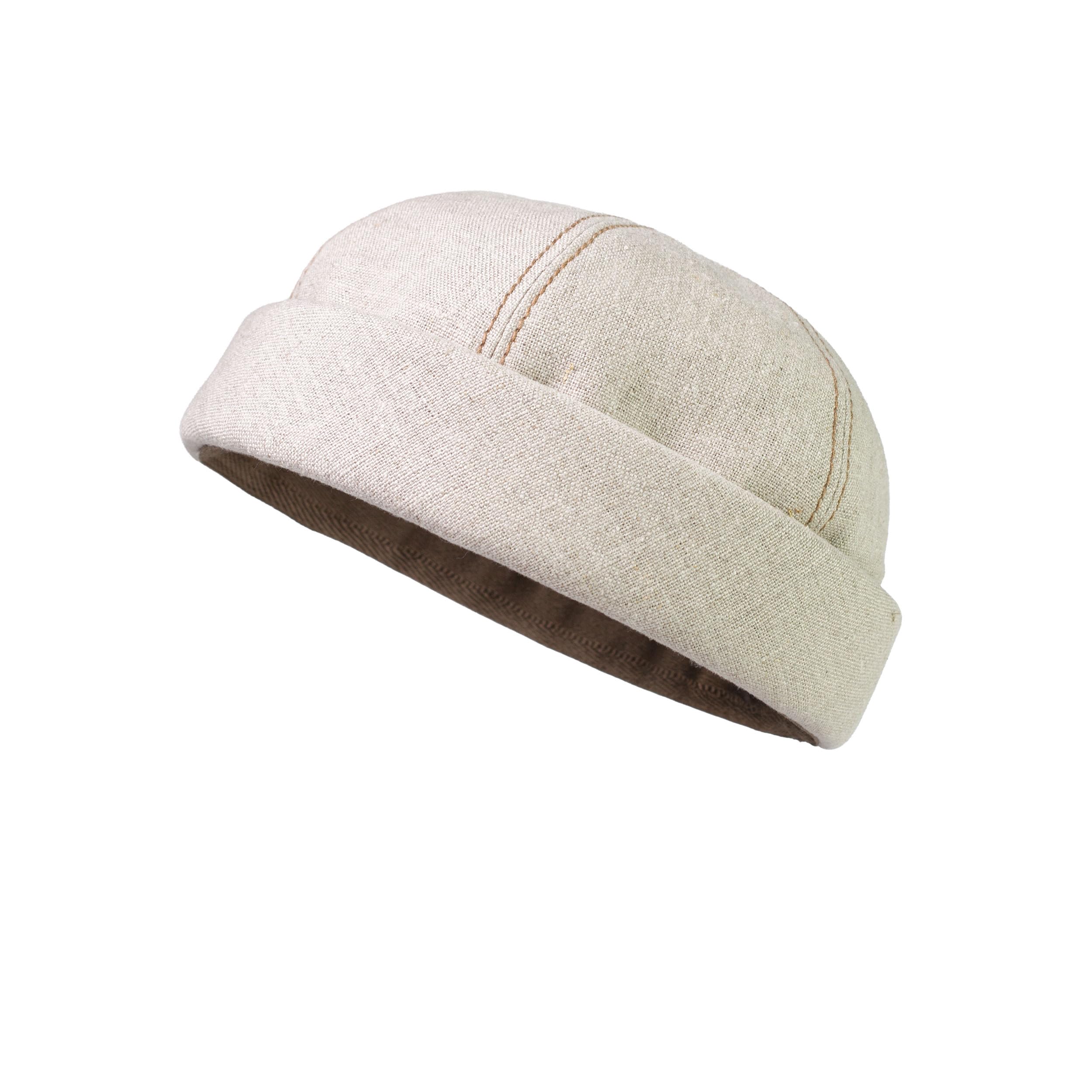 Fiebig Men's Beige Docker Cap In Linen Fabric With Rolled Brim | Docker Hat With Contrast Stitching | Short Fisherman's Cap With Cotton Lining (59-L, )