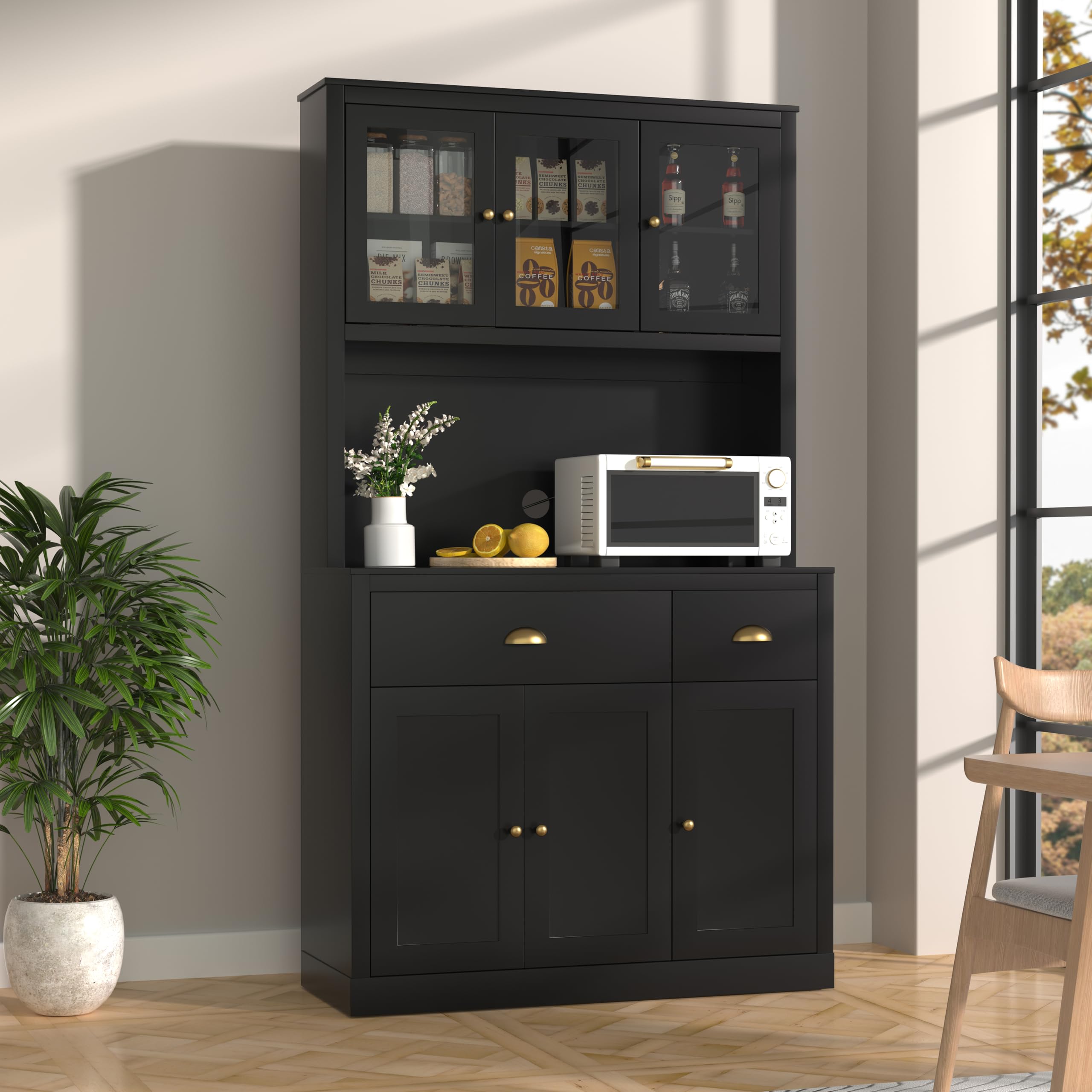 71" Pantry Buffet with Hutch, Freestanding Kitchen Storage Cabinet with 2 Drawers, Tall Pantry Cabinet with Large Countertop and Adjustable Shelves, Black Cupboard