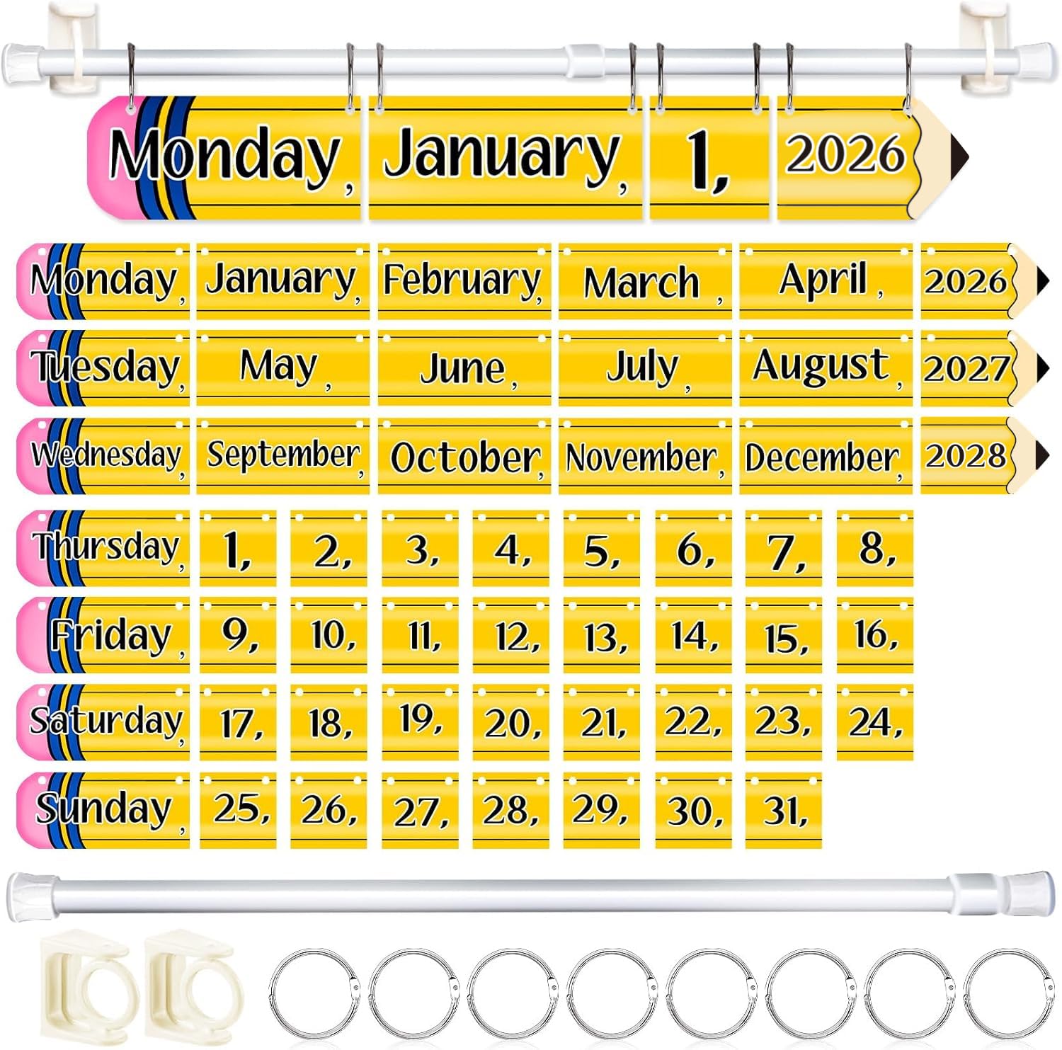 Flip Calendar for Classroom, Pencil Classroom Calendar Set Bulletin Board Set with 54 Date Cards Adjustable Holder for Home Back to School Decoration Supplies for Teacher Supplies