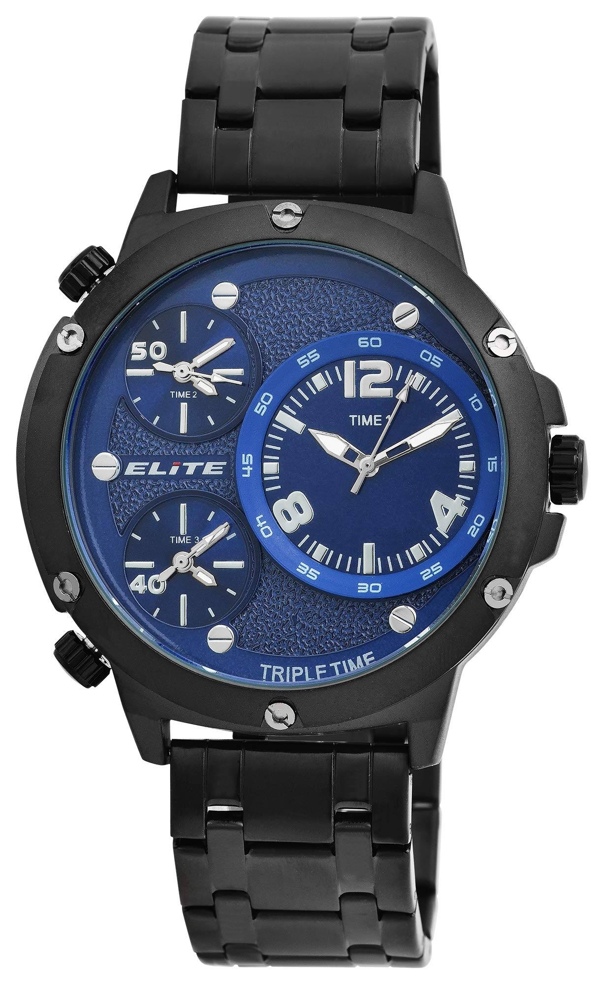 Elite Orologio da uomo blu nero analogico Triple Time tempo mondiale 3 tempi fusi orari in metallo al quarzo 3 Bar orologio da polso