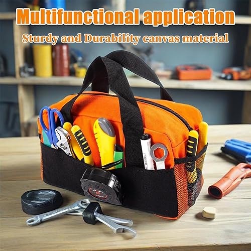 Miniatura 6 de Pequeña bolsa de herramientas, bolsa organizadora de herramientas, bolsa de lona de boca ancha, para garaje, taller, mejoras del hogar y viajes,