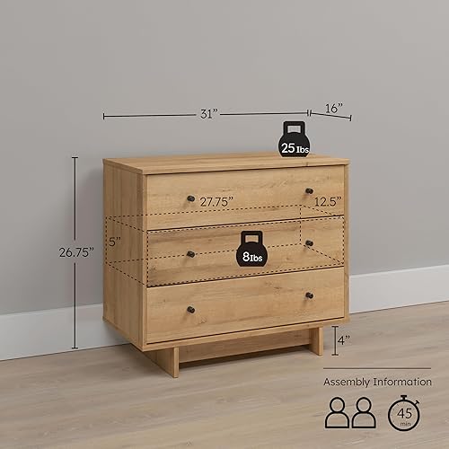 Miniatura 3 de Prepac Finnley Mesita de noche de 3 cajones en roble natural, mesa de noche extra ancha con almacenamiento, mesa auxiliar moderna para el hogar,