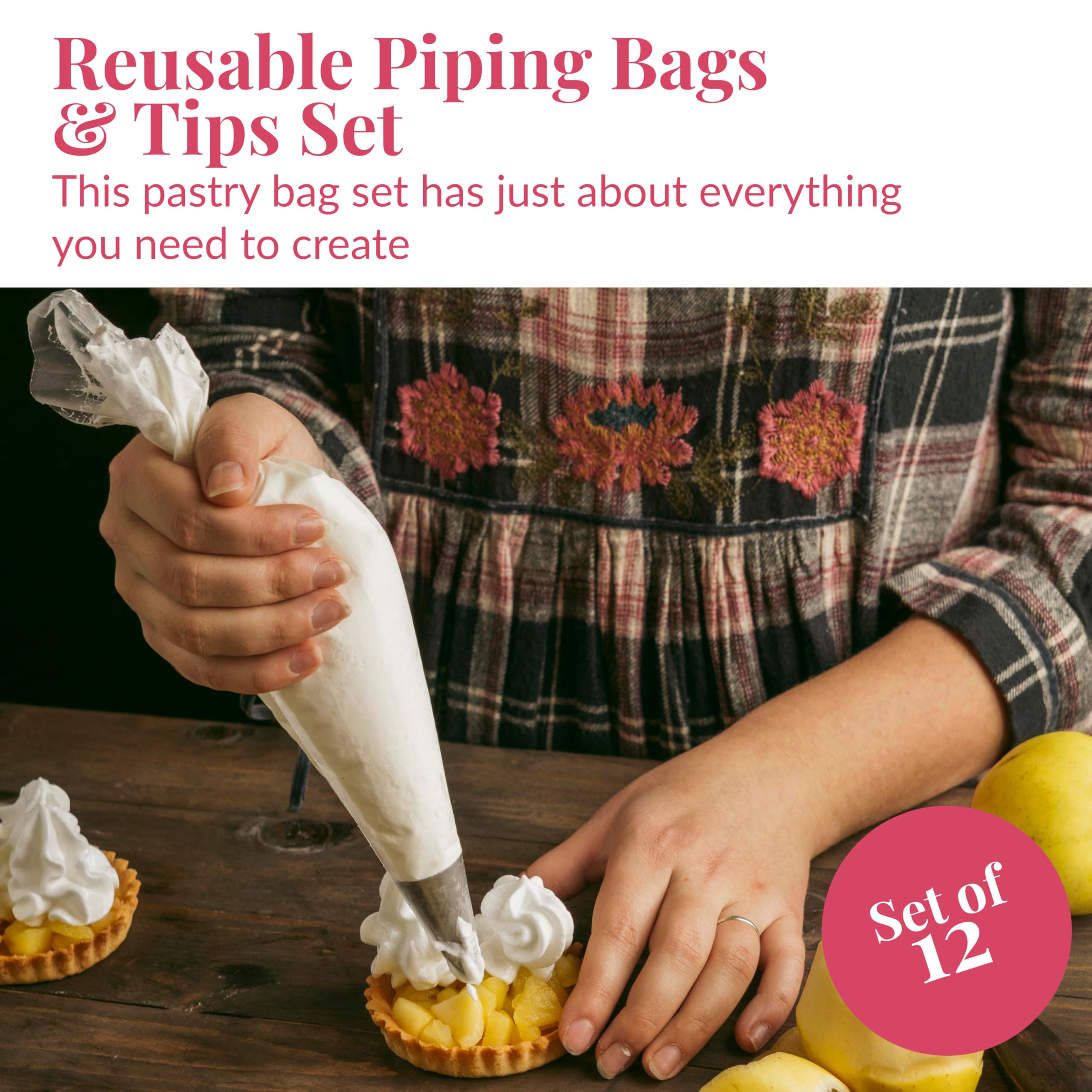 Juego de 5 bolsas de tuberías reutilizables de 12 pulgadas con 5 puntas de glaseado de metal y 2 acopladores, kit de tuberías de glaseado flexible y duradero para decoración de pasteles 2