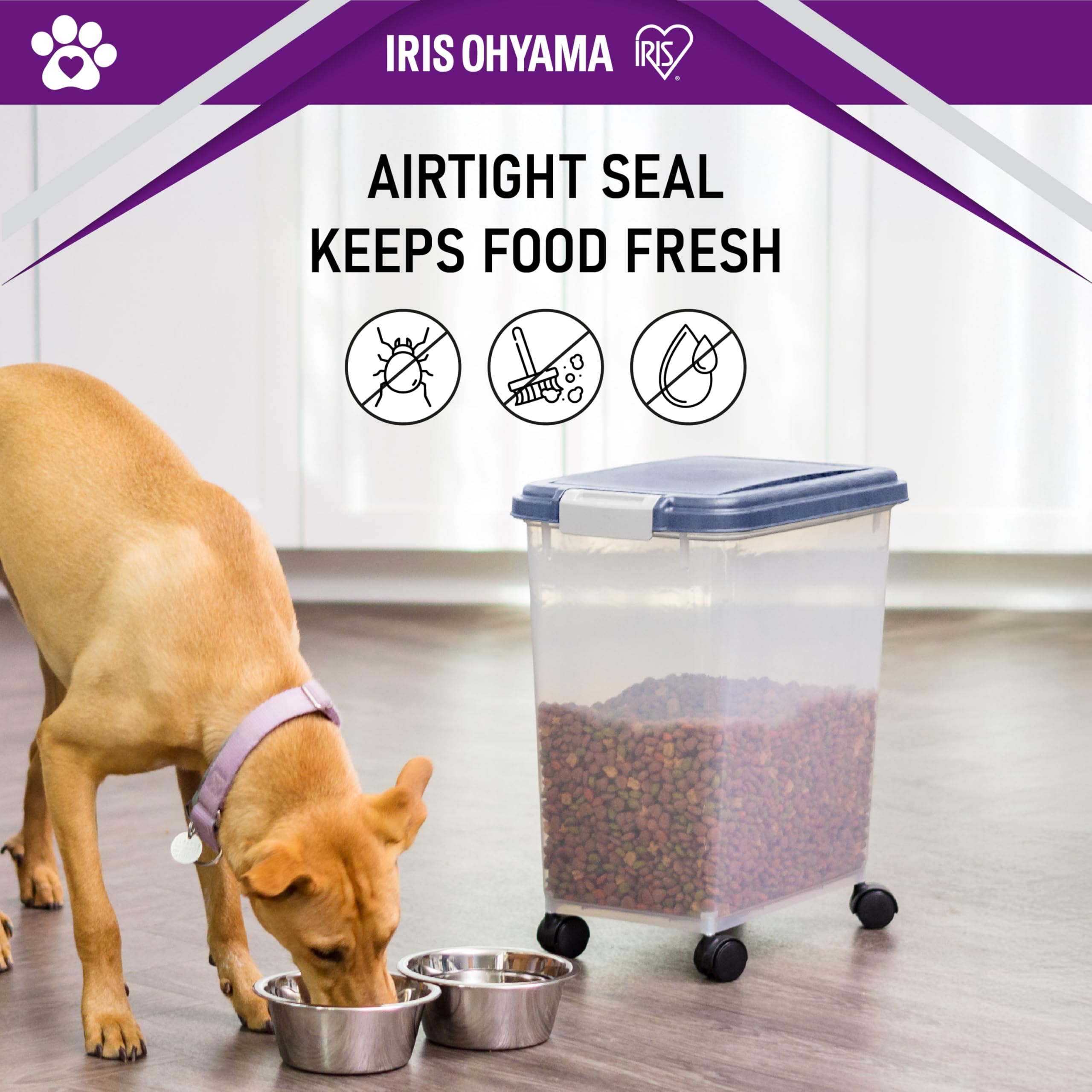 Iris Ohyama Hundefutter Aufbewahrung mit Rollen, 30L/11kg, Graublau, Luftdichte Futterbox, Trockenfutter, Futterbehälter, Für Hunde, Katzen, Tierfutterbehälter, BPA-frei, Futtertonne, MP-8