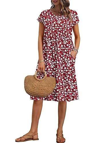 AUSELILY Women's Summer Short Sleeve Knee-Length Dresses Round Neck Loose Dress with Pockets