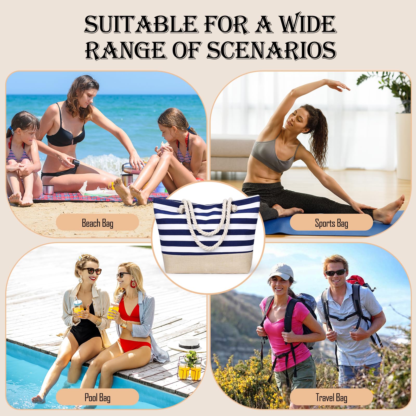 Sac de Plage Femme Grand Sac Fourre-Tout en Été, Sacs à Main de Voyage en Toile Imperméable avec Fermeture à Glissière Cabas Femme Tote Bag pour Plage Vacances Shopping Gym, Bleu Oxford