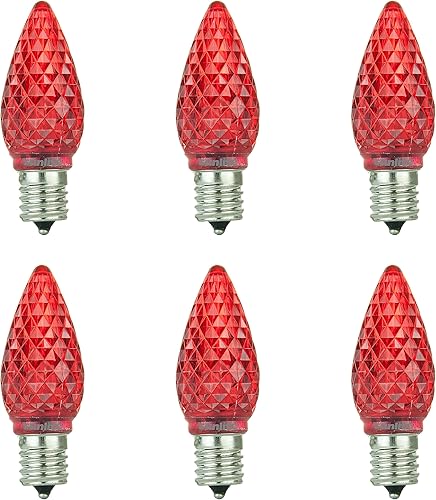 Sunlite 80707 LED C9, bombilla decorativa navideña, 0.4 vatios, base intermedia E17, luces de Navidad facetadas luz nocturna, rojo, 6 unidades