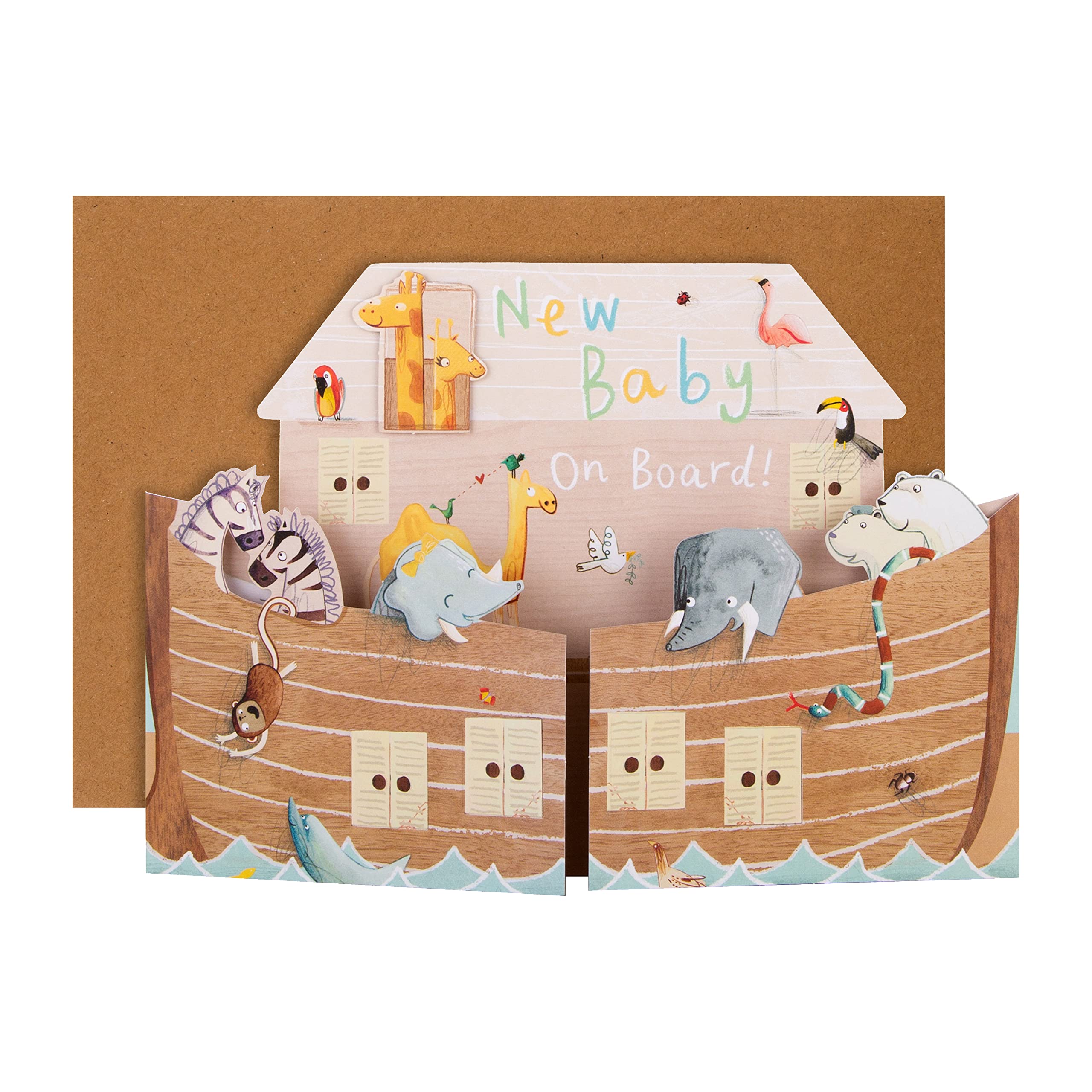 New Baby Card, 3D & Pop Up Noah's Ark Design, with Animals, for Boy & Girl, Brown, Blue, Yellow
