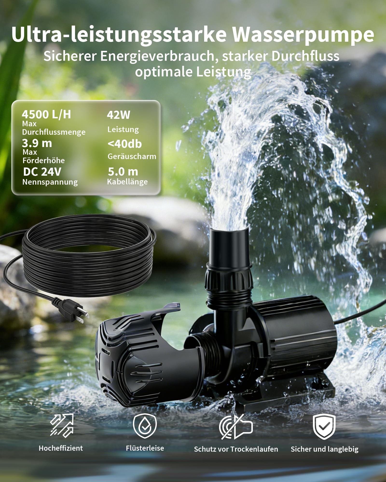 POPOSOAP Teichwasserfall-Set, All-in-One Gartenteich Wasserfall Überlauf mit 4600 l/h Tauchpumpe, Filterbox und Schlauch für Gartenteich, Fischteich und dekorative Wasserfunktionen (Medium)