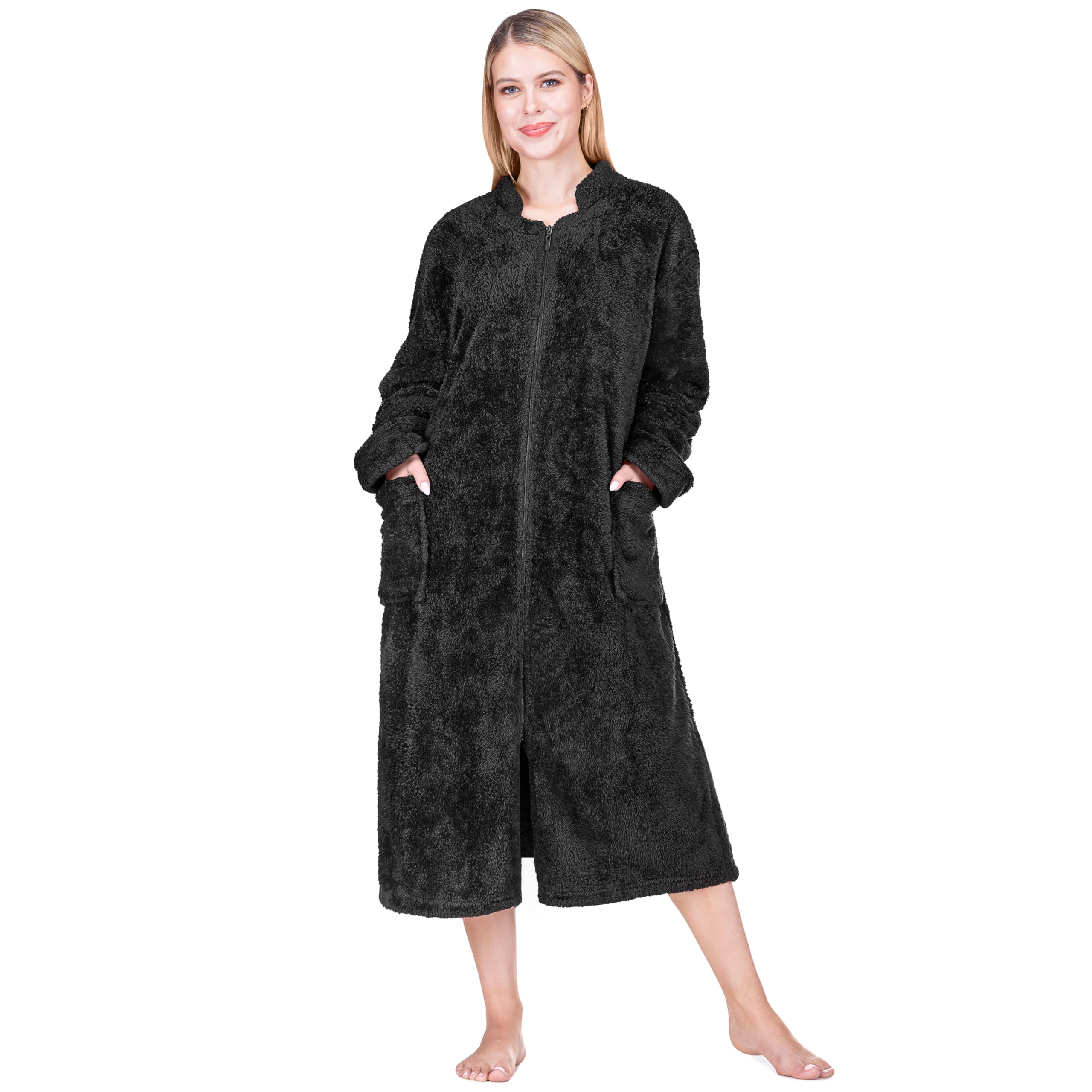 PAVILIA Womens Housecoat Zip Robe, Sherpa Zip Up Front Robe Bathrobe, Plush Warm Zipper House Coat Lounger, Pockets Fluffy